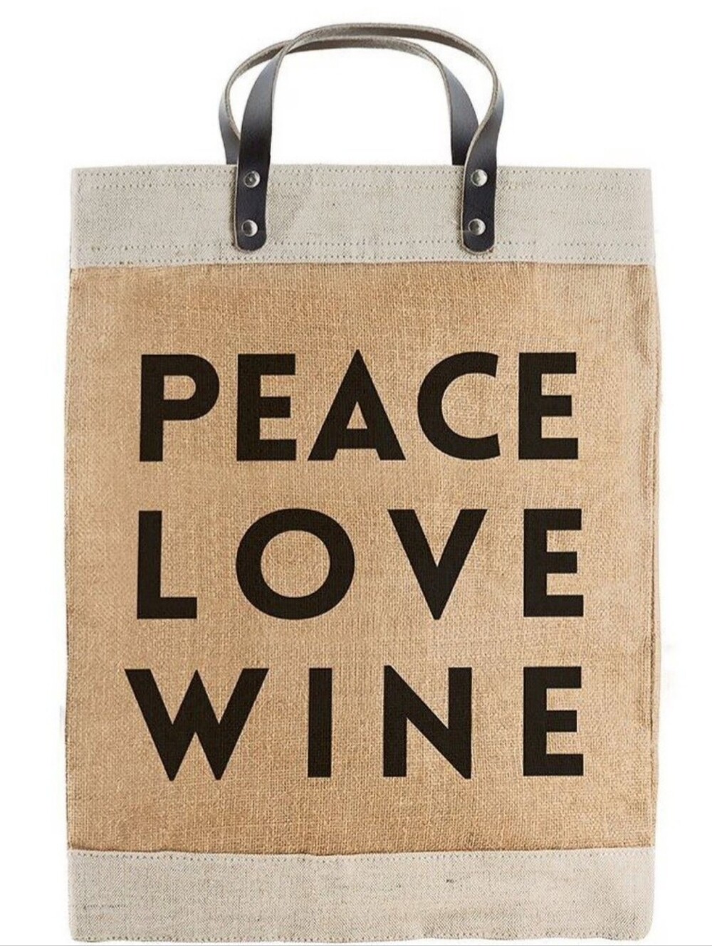 Peace Love Wine Burlap Tote Bag - Neutral